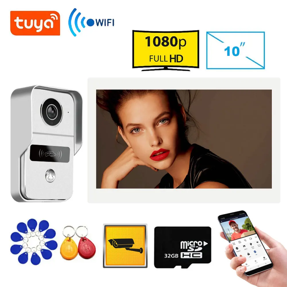 NEW Smart Home Wireless 10 Inch Touch Screen Tuya Video Doorbell WiFi Outdoor Door Bell Intercom Waterproof ID Card 1080P Camera