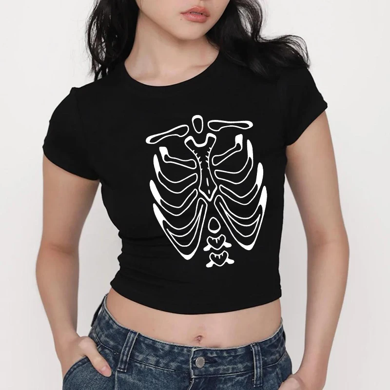 

Эстетика в стиле хип-хоп, модная футболка в стиле ретро, Harajuku, панк, повседневная женская футболка с короткими рукавами, готический креативный укороченный топ с принтом черепа