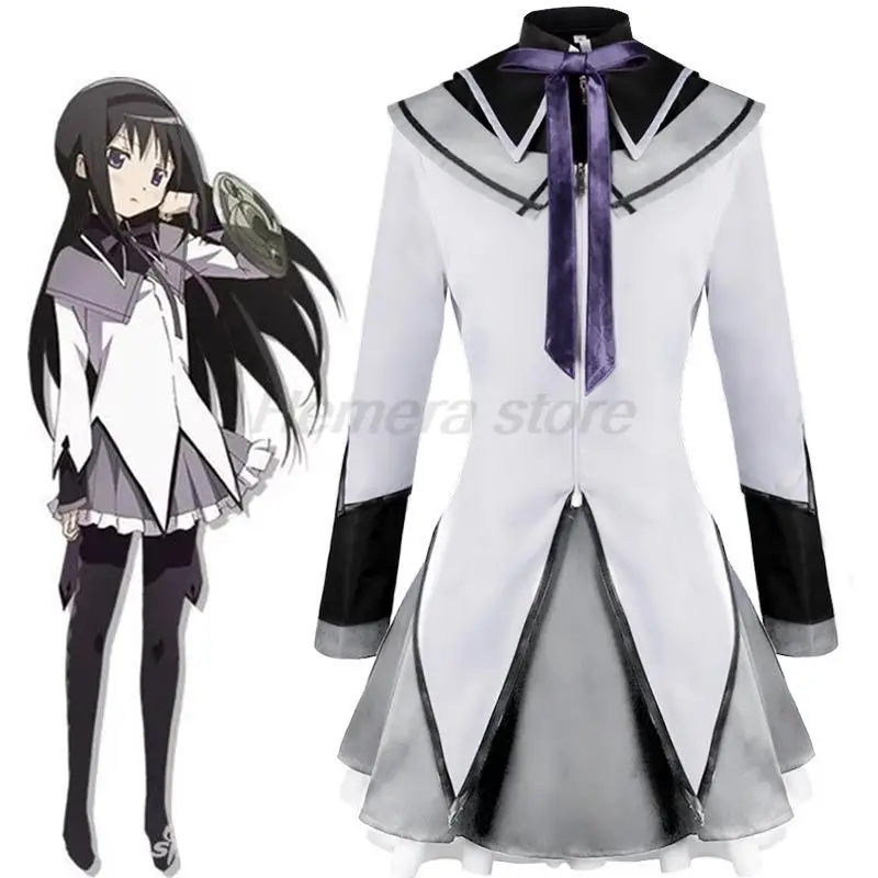 Anime Magical Girl Puella Magi Madoka Magica Homura Akemi Cosplay Costume Fighting Uniforms Wig Socks for Mahou Shoujo Comic Con