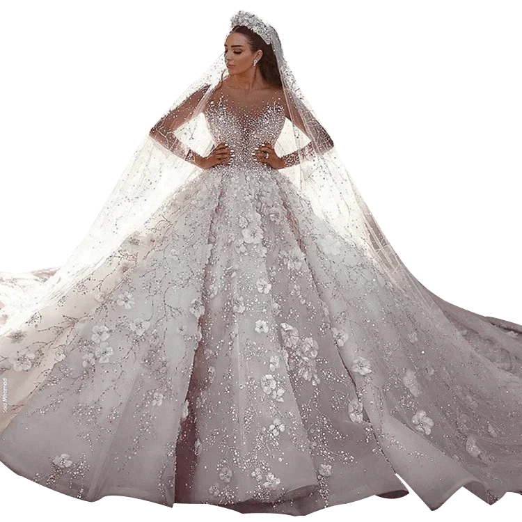 

Customized Total New Style High-end Long Sleeve Dubai Wedding Gown 3D Lace Flower Ball Gown Wedding Dress