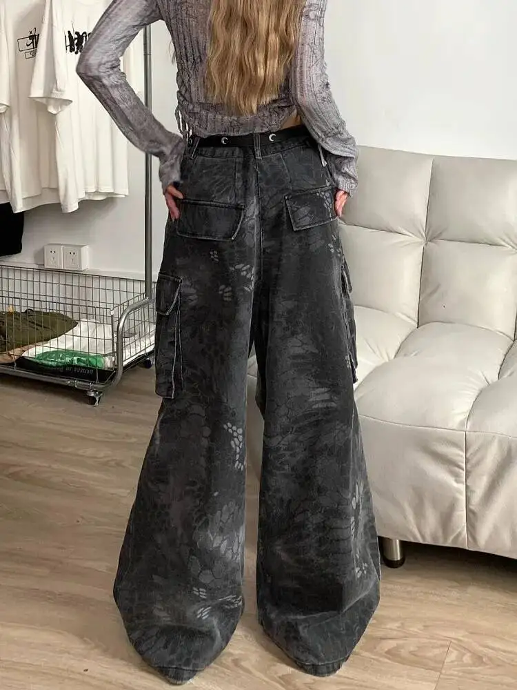 

Women's Jeans Pants 2025 Autumn Plus Size Cargo Pants Retro Camo Snake Distressed American Street Multi Pocket Wide Leg Pants