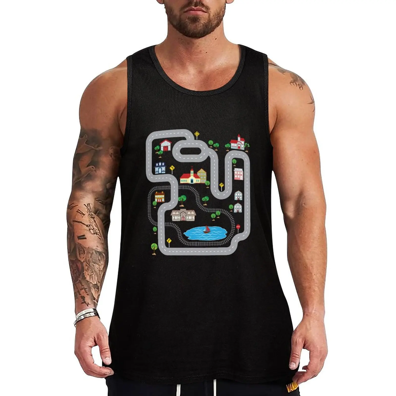 

Playmat Train Car Road Track Printed On Back Funny Tank Top Performance Athletic Tank Top Workout Running Shirt