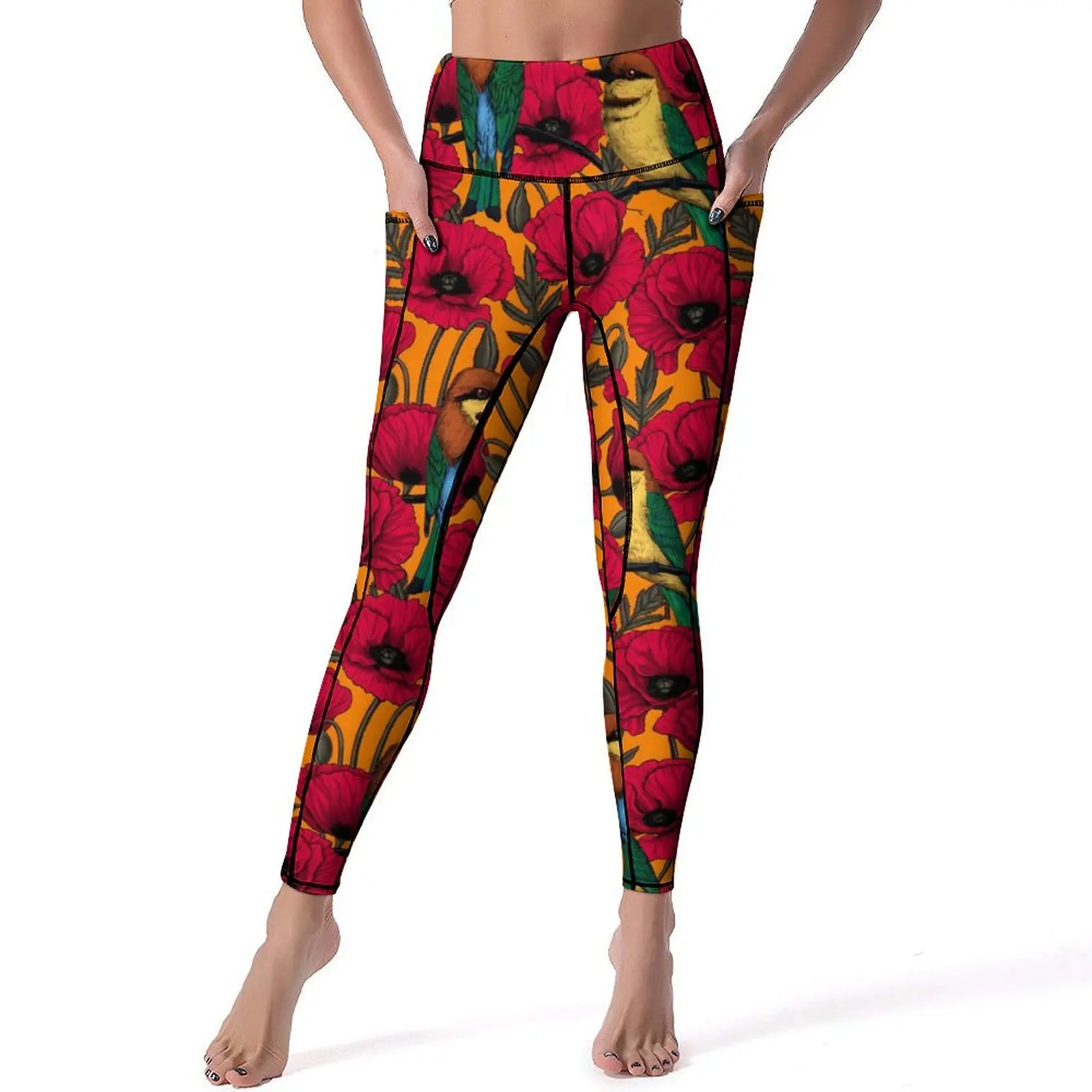 

Birds Flower Yoga Pants Sexy Bee Eaters Poppies Custom Leggings High Waist Running Leggins Women Novelty Quick-Dry Sport Legging