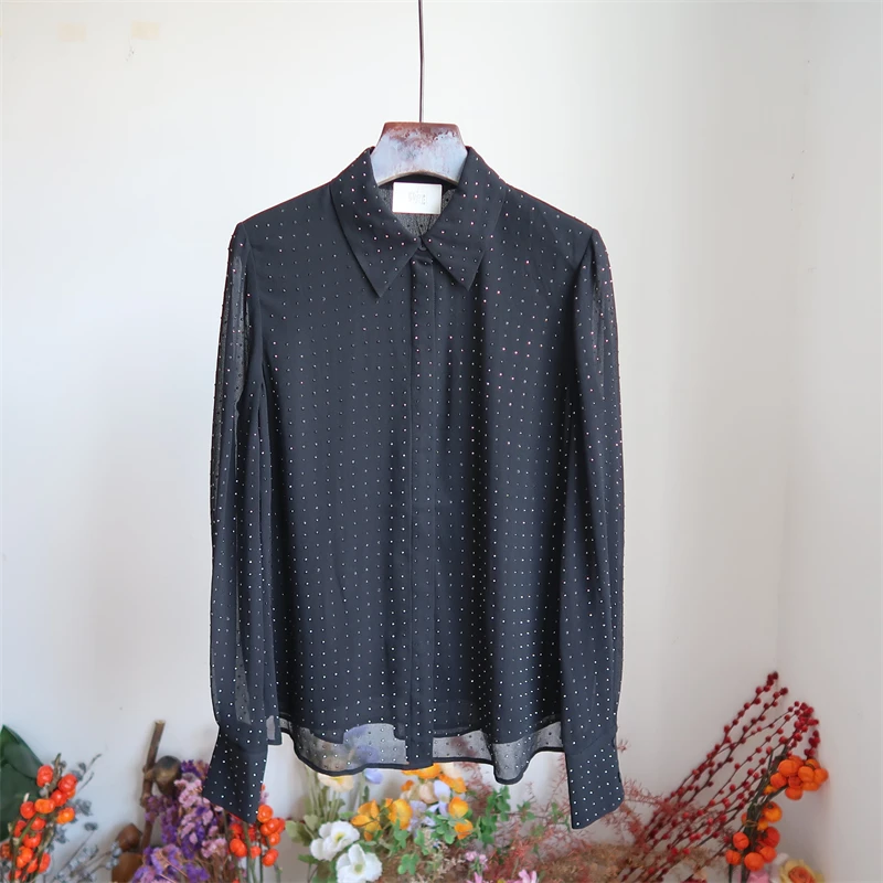 Ele Bla Full Drill Long Sve irt Australian Whistle Pure Sle Casual Loose Fit Polyester Fiber Skin-friendly Breat...