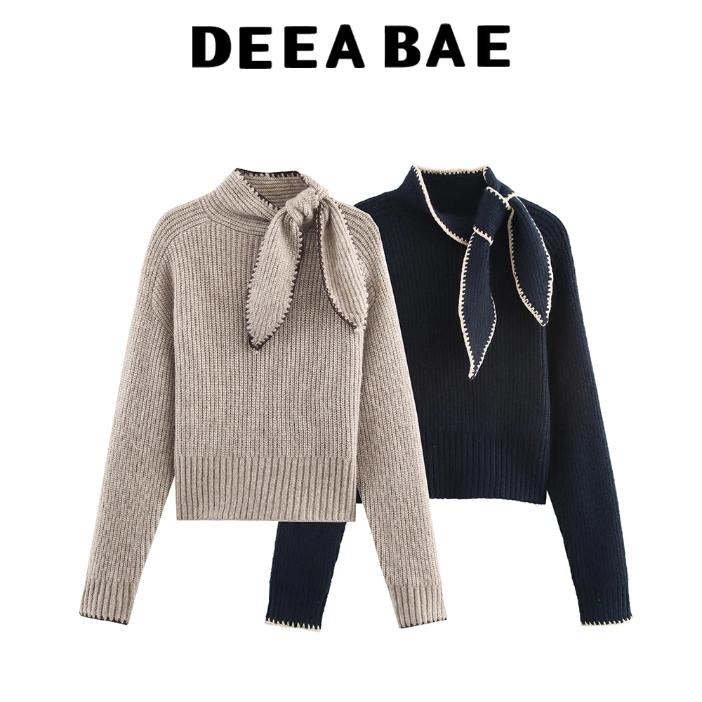 

DEEABAE French retro super beautiful bow decoration short style slim fit long sleeved knitted sweater top