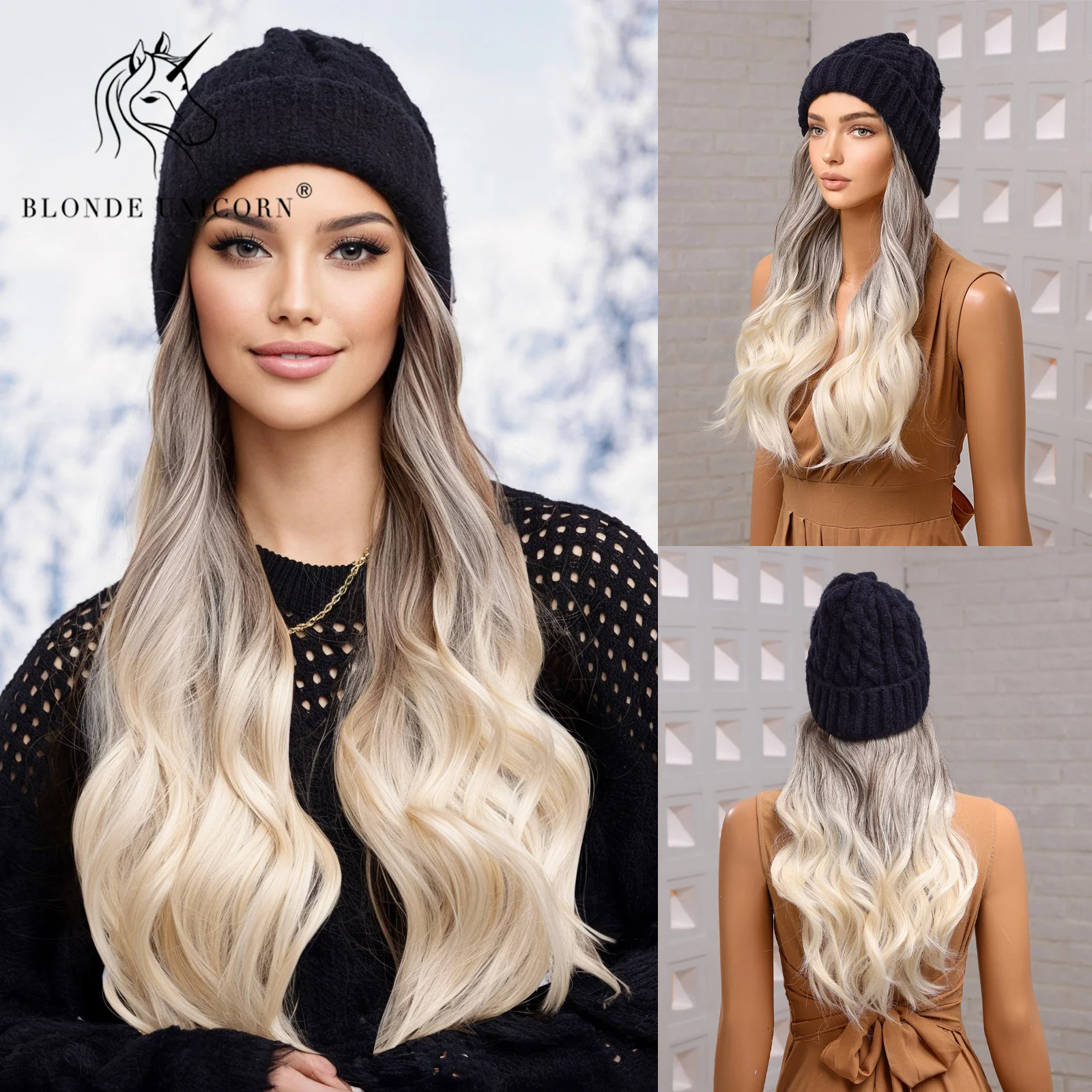 

Blonde Unicorn Hat wigs Cap with Hair Ombre Brown Blonde Color Connect Synthetic Hair Women Daily Party High Temperature