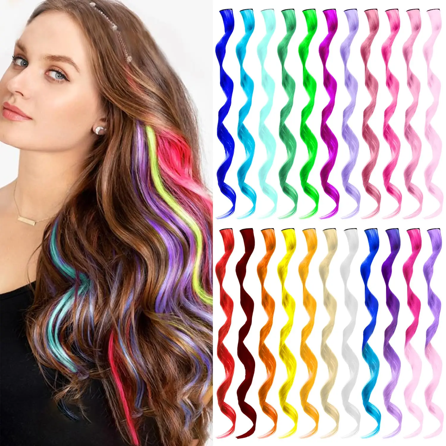 

1pcs Colored Hair Extensions Curly Wavy Accessories for Girls Women,Multi-colors Party Highlights Clip in Synthetic Rainbow Hair