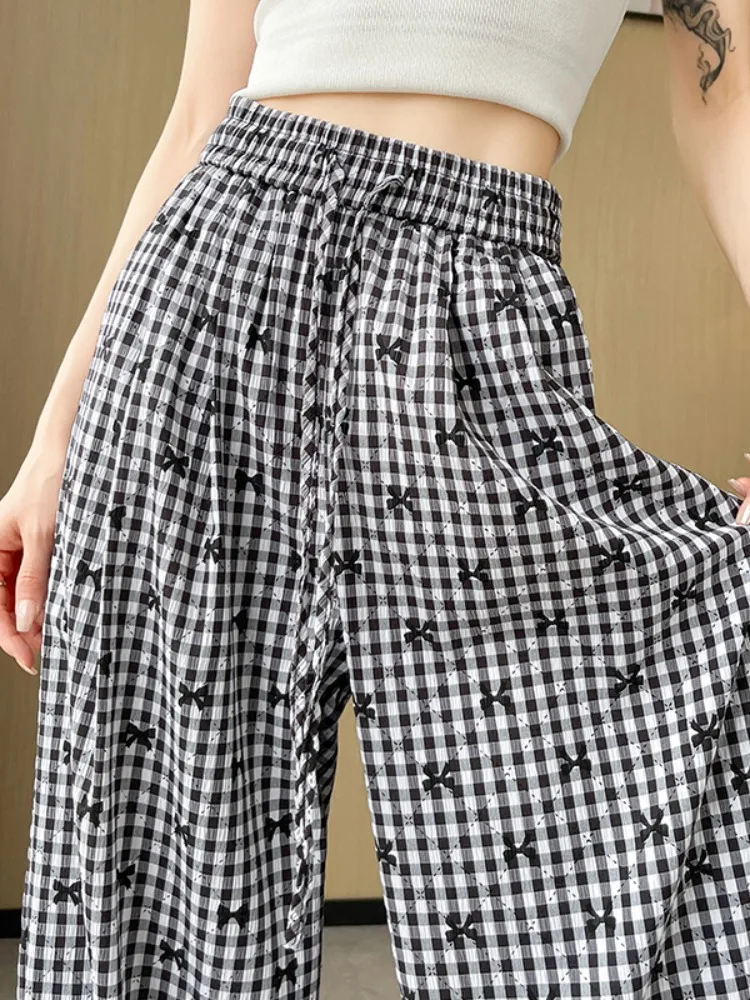 Pantalones informales Retro de cintura alta con bordado a cuadros para mujer, novedad de verano, pantalones largos de pierna ancha para caminar adelgazantes con nudo