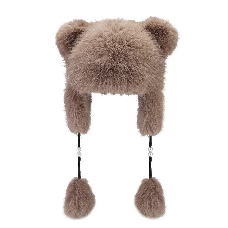 Cute Faux Fur Hats with Earflaps Winter Bomber Hats for Women Plush Fluffy Winter Cap Bear Ears Pompom String Y2K Beanies Female