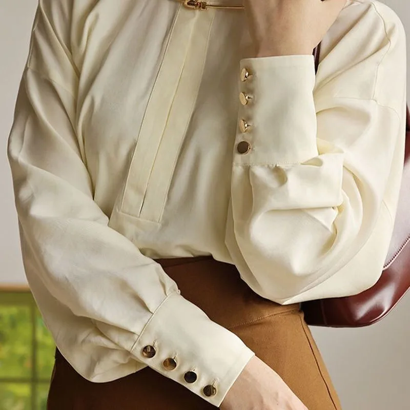 Autumn Winter Elegant Fashion Solid Color Long Sleeve Shirt Women's Clothing All-match Office Lady Stand Collar Chiffon Blouse