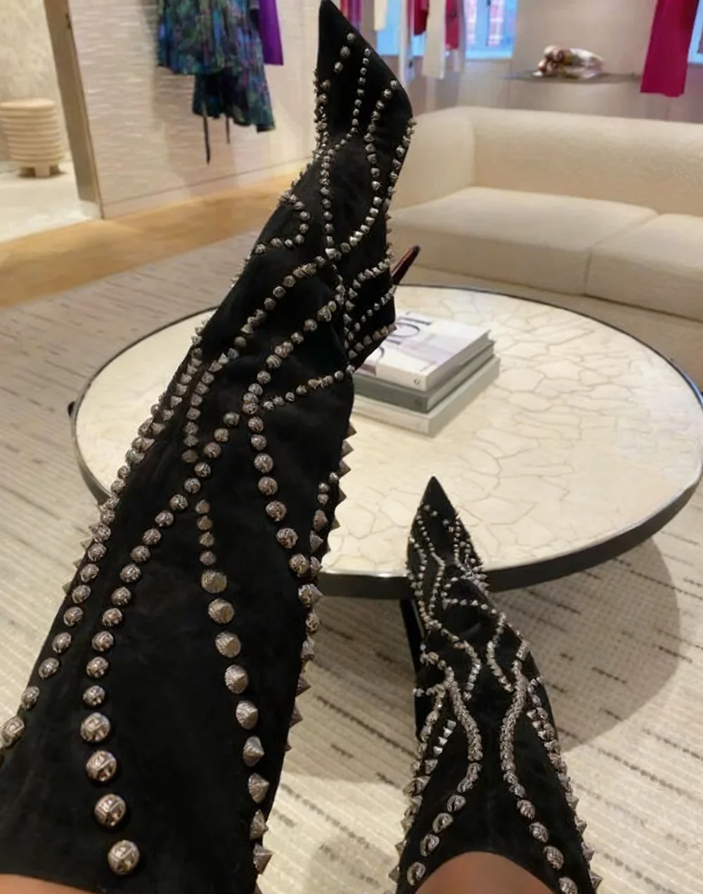 

Black Suede Stiletto Heel Over-the-Knee Boots Allover Silver Rivet Decoration Slouchy Silhouette Fashion Women Boots