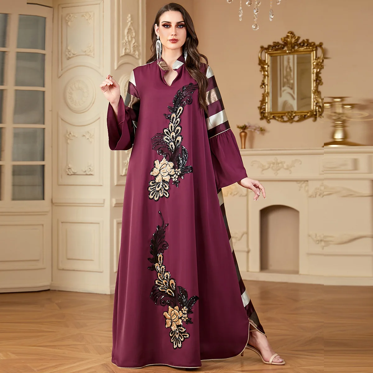 Muslim robe Middle East Cross border New Splicing Long Dress Loose Women's Robe  Stripe Contrast Splicing Dress