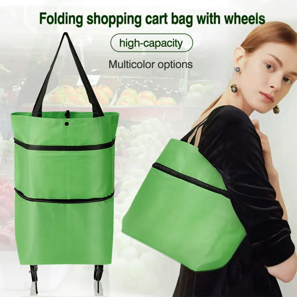 Foldable Telescoping Shopping Pull Cart Trolley With Wheels Oxford Cloth Bags Reusable Large Waterproof Handbag Tote Bag