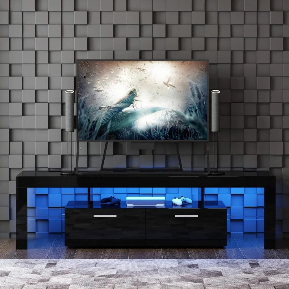 Black TV Stand for 55/60/65/70/75 Inch TV, Modern Entertainment Center for Video Gaming, Led TV Stand with Storage and Shelves f