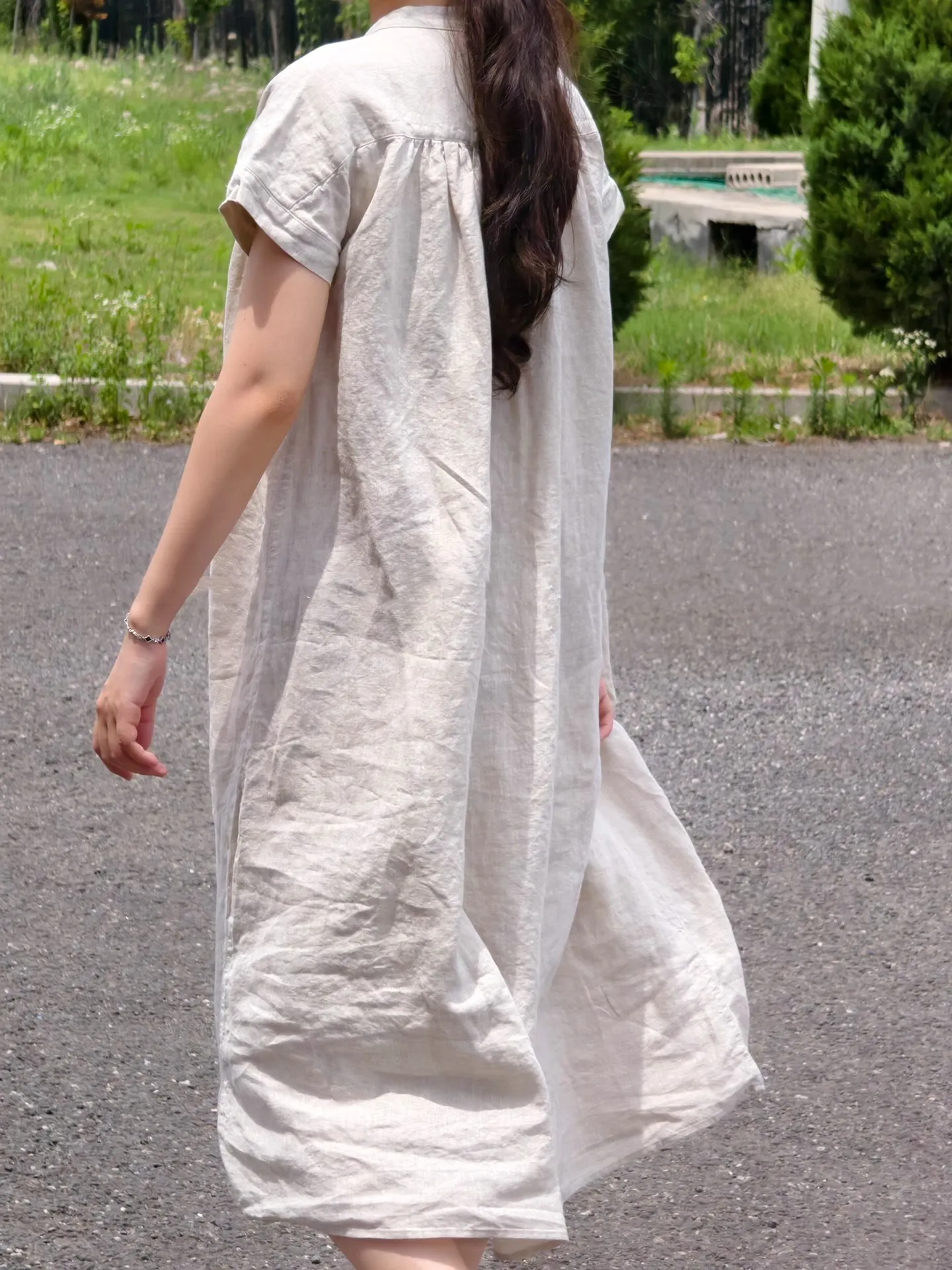 

Retro Artistic Loose irt Dr Women's Mid-Length Summer New Stand Collar ort Sve Knee-Covering Long Dr Cotton Linen