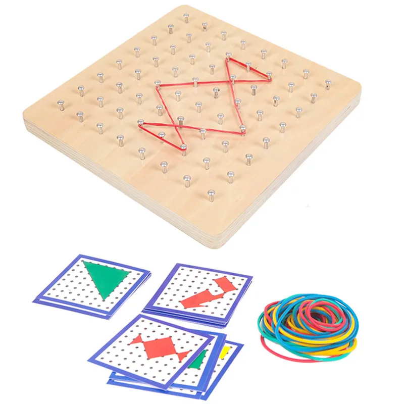 Houten Speelgoed Geoboard Wiskundige Manipulatieve Patroon Kaarten Geo Board Met Elastiekjes Puzzel Voor Kinderen