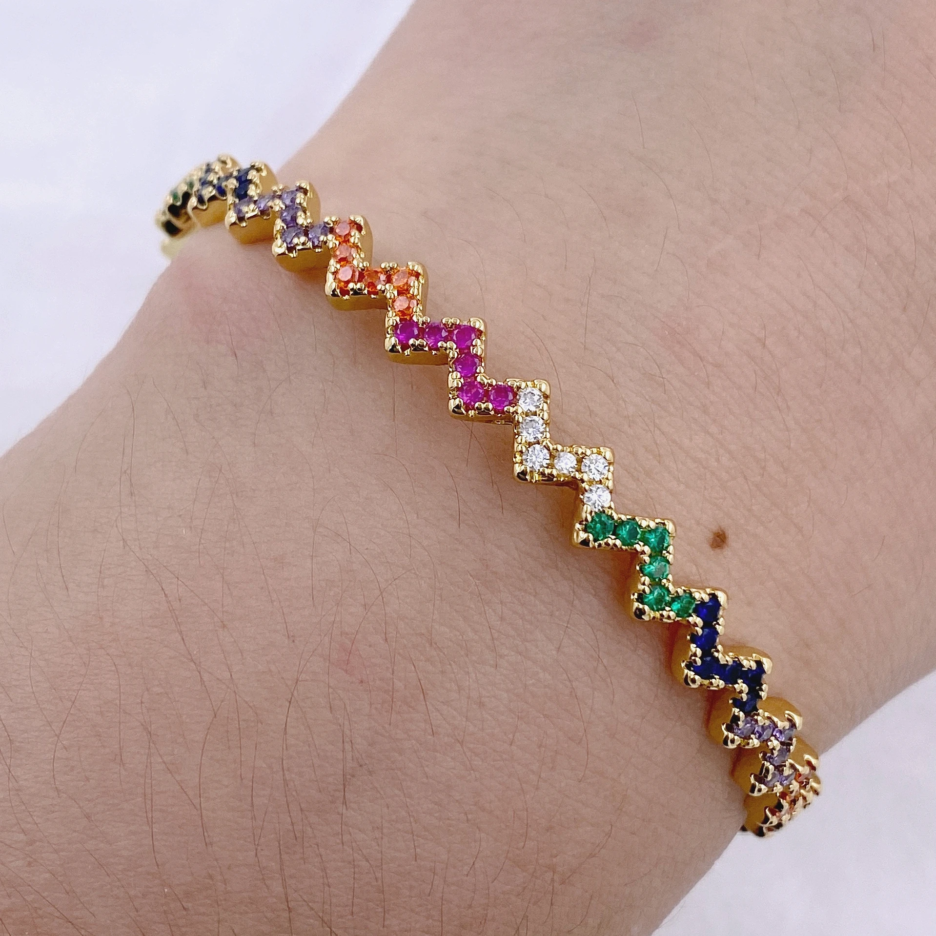 Fashion Colorful Zig Zag Rainbow Ombre CZ Pave Bracelet for Women Girls Gold Plated Jewelry