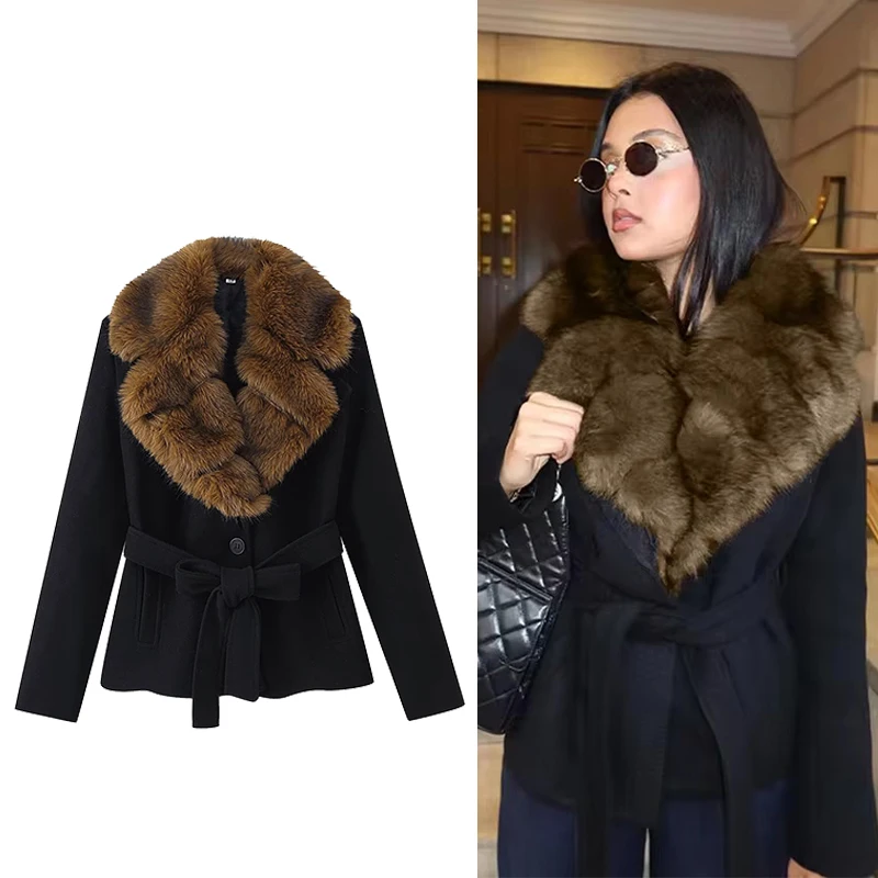 

Elegant Faux Fur Woolen Coat Women Shawl Collar Belted Long Sleeve Jacket Coats Female Autumn Winter Fashion Lady New Outerwears