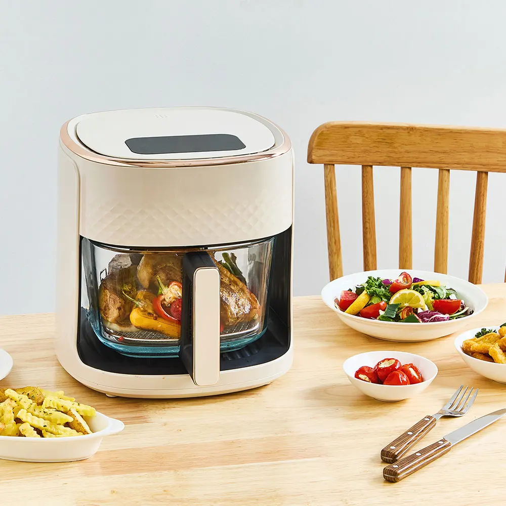 مقلاة هوائية زجاجية 4.5 لتر مقلاة زجاجية لمسة نهائية للطهي حتى 200 درجة شبكة استنائية 5 رجل متحرك