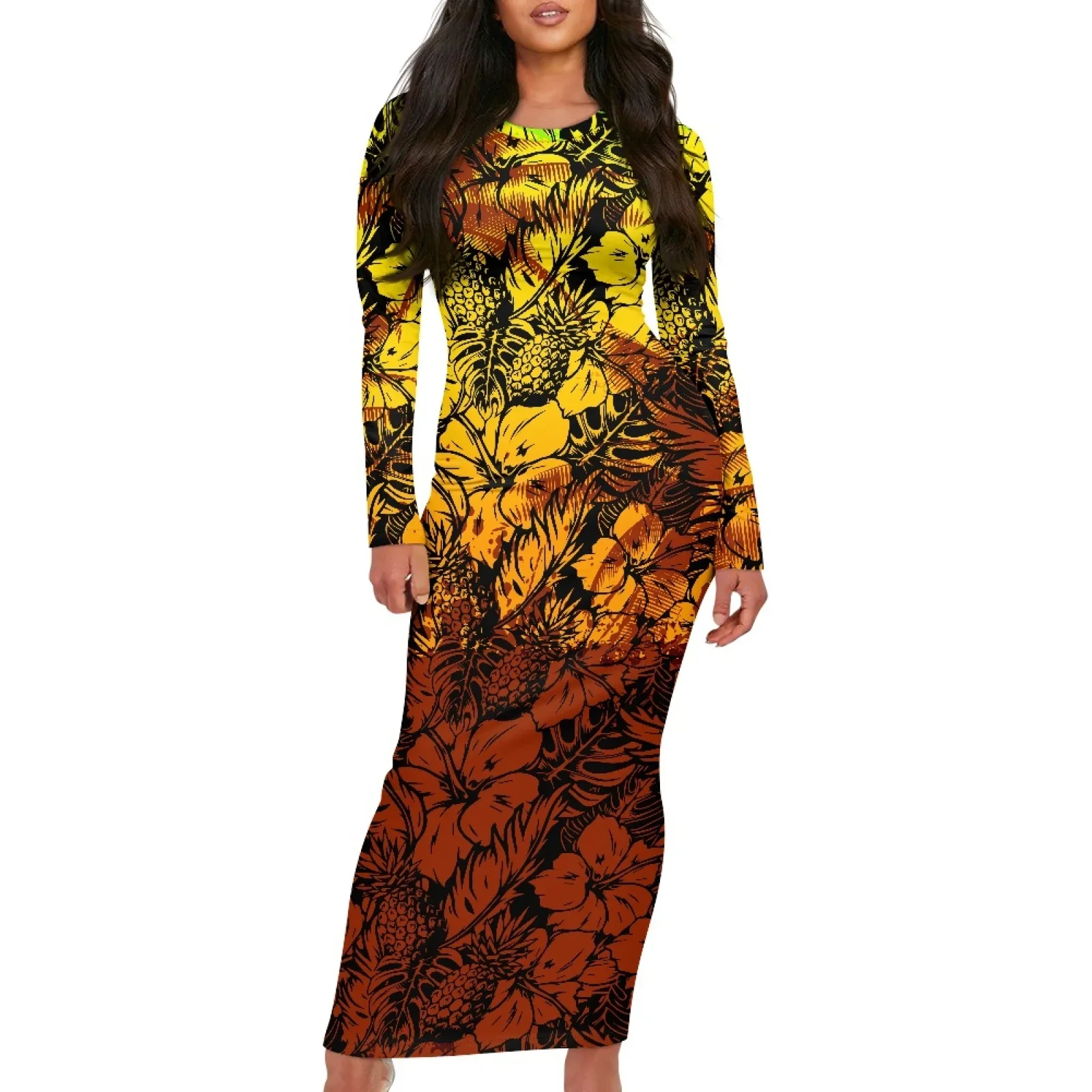 Polynesian Tribal Samoan Totem Tattoo Samoa Prints Lady Knitted Hibiscus Long-Sleeve Dress Slim-Fit Elegant O-Neck Party Dresses