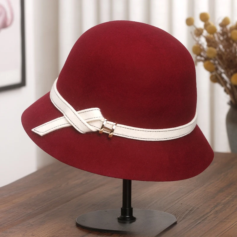 Hepburn-Stil Winter Damen Vintage Französisch Einfach Weiß Rot Fischer Wollhut Schleife Elegante Mütze Party Hochzeit Kirche Derby Filz – Detail 14