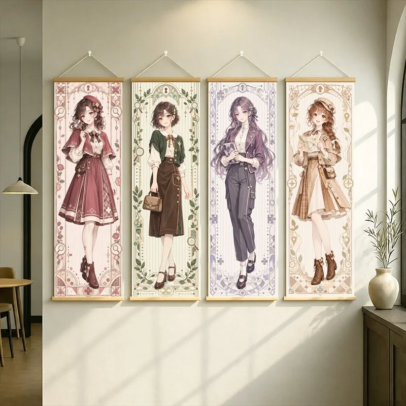 Anime Women in Burgundy, Brown, Purple and Tan Outfits Wall Scroll with Vintage Inspired Floral Borders for a Bedroom