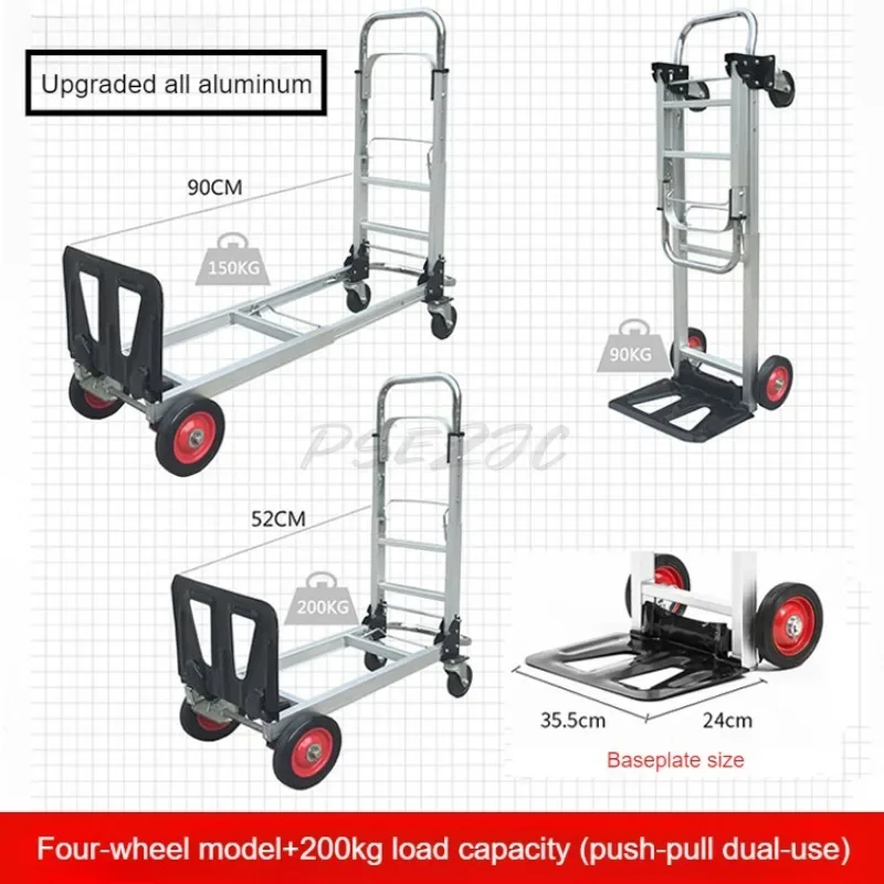 Folding Four-wheel Hand Pulled Luggage Cart Shopping Trailer Express Logistics Handcart All Aluminum Flat Plate