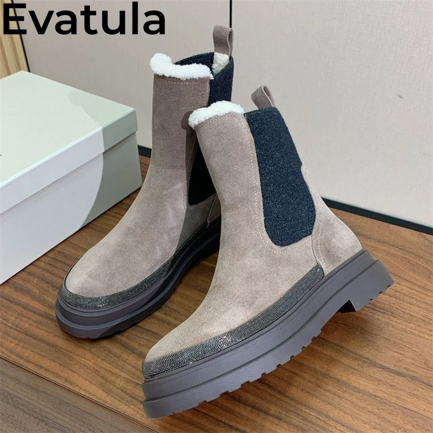 2024 Winter Thick Sole Wool Lining Chelsea Boots Women Fashion Suede Leather Slip On Short Ankle Boots Warm Fur Snow Boots Mujer