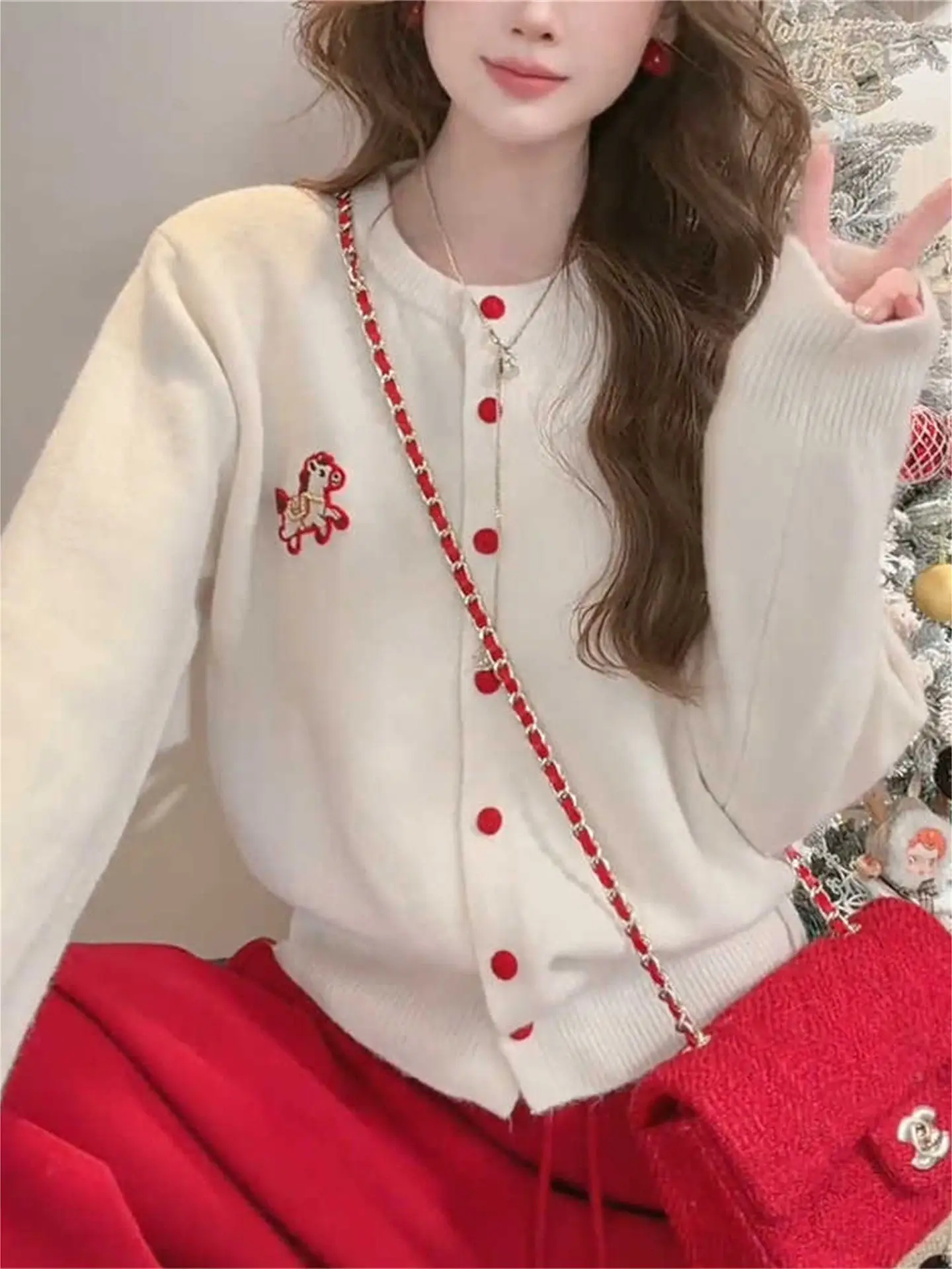 

Ele Embroidered Women's Knitwear round Ne Sweater Spring New Color Blo Open Cardigan Korean Sle Commute Faion
