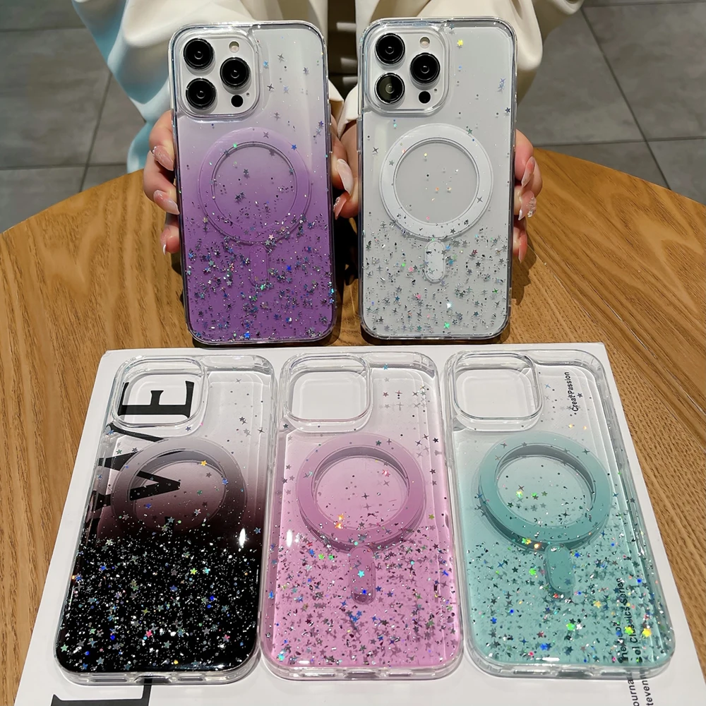 Magnetic Case for iPhone 16 15 14 13 12 11 Pro Max Plus Cover Wireless Chagre Magsafe Epoxy Glitter Star Soft Clear Shell Funda