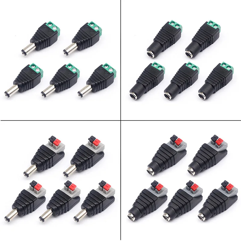 DC macho e fêmea conector de alimentação, 5.5*2.1mm Plug positivo, negativo para terminal de pressão sem solda, fiação LED, a7, 5pcs