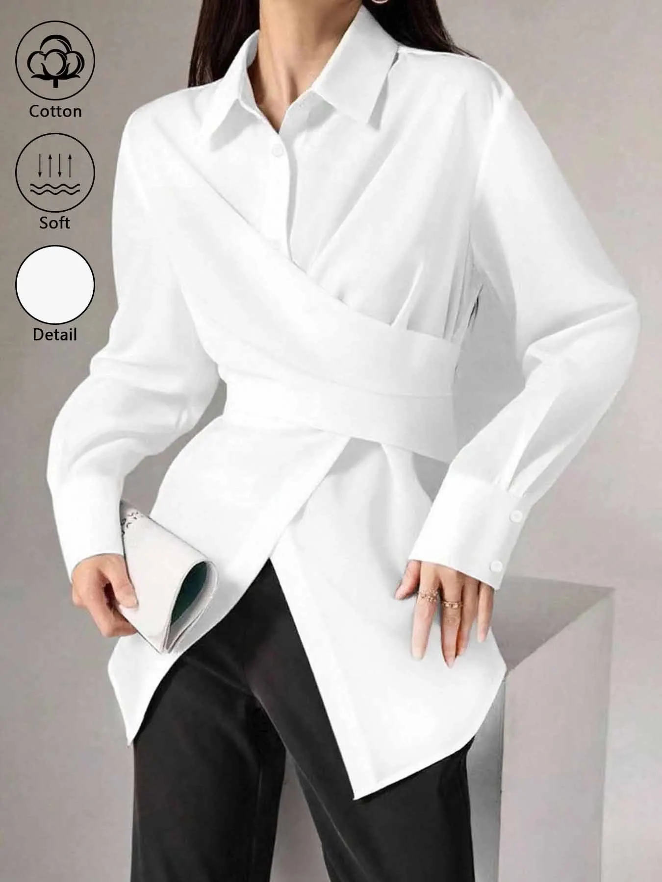 Women's Classic 100% Cotton Shirt Featuring a Collared, Button-Front Design with a crossover Waist and Tie-Front Bow Detail.