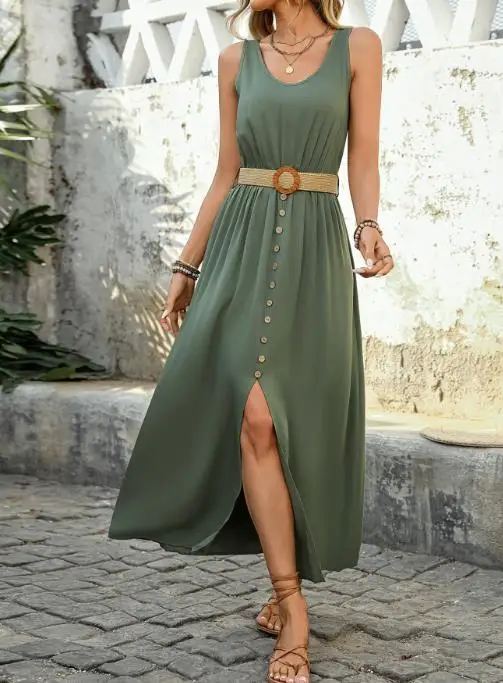 

2025 Summer New Mid Length Skirt Split Solid Color Sleeveless Round Neck Dress