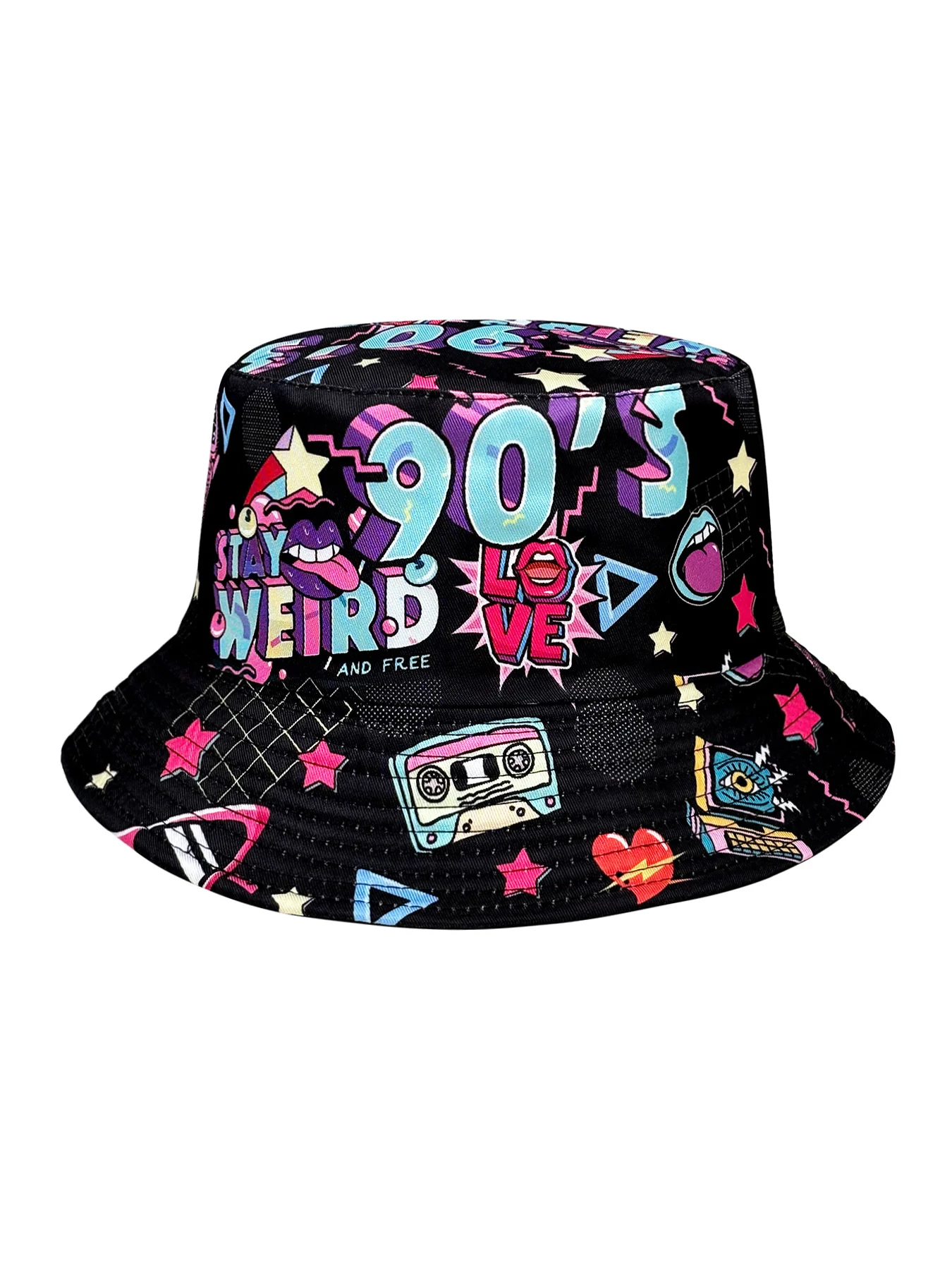 Abstract Personality Tape Print Black 90S Style Bucket Hat, Reversible Sun Hat, Foldable Fashion Bucket Hat, Suitable for All Seasons, Perfect for Outdoor Travel and Party Outfits