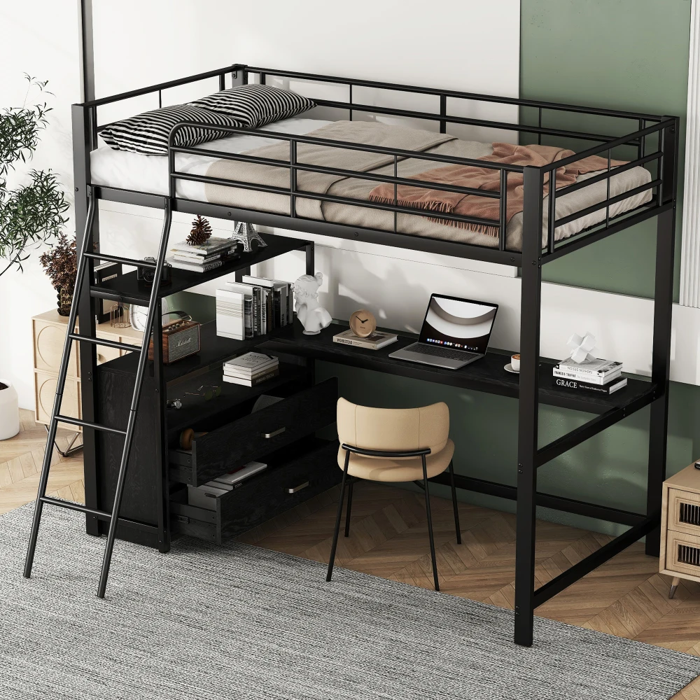 90*200cm Flat Bed, Iron Frame Bed, Practical Drawers, Stylish L-shaped Desk, Laminate Design Kids Bed Frame