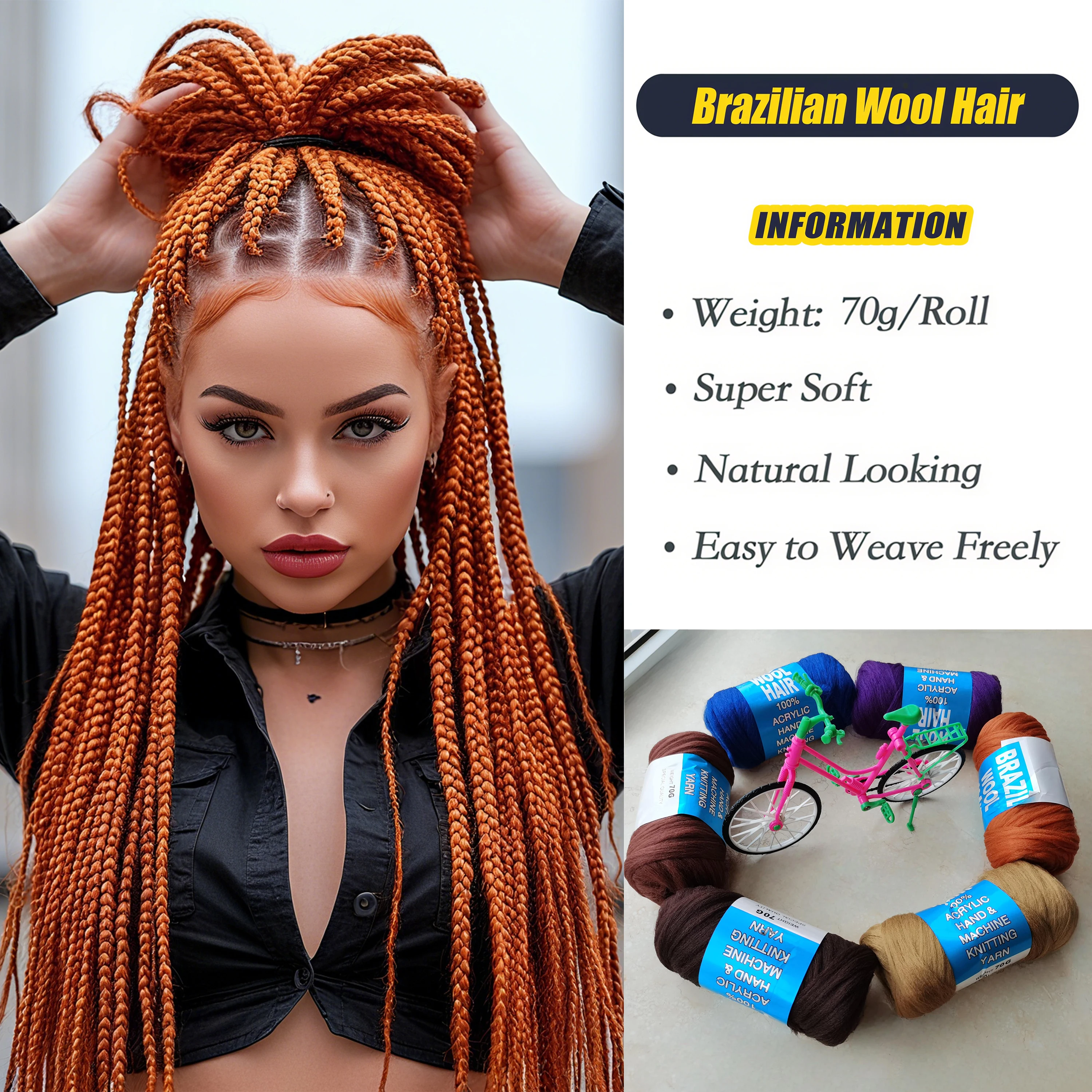 

100% Brazilian Wool Hair Extensions for Braids Acrylic Yarn for African Braids/Spring Twist/Faux Locs/Wraps with Crochet Hook