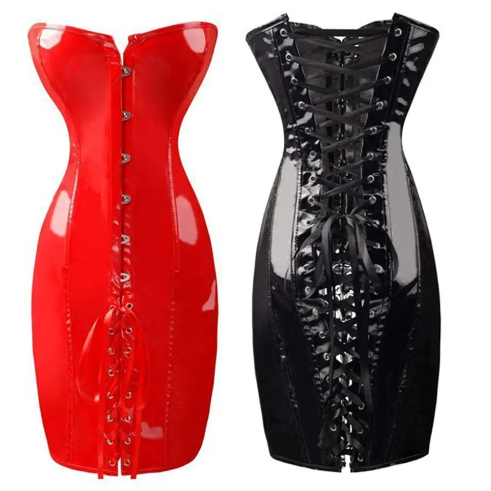 Sexy Women Sleeveless PVC Leather Dress Latex Erotic Club Bandage Costume Lace Up Exotic Strapless Sheath Vintage Corset Dr