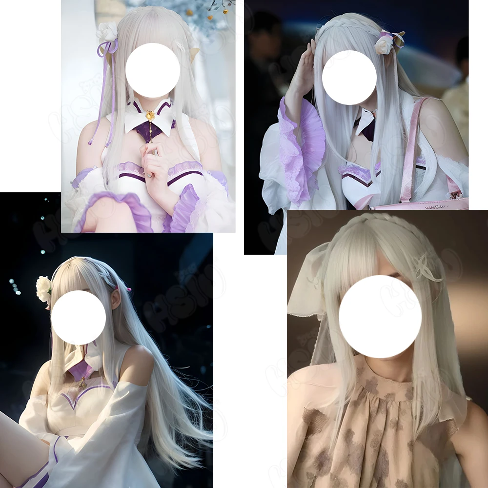 Emilia peruka do cosplay peruka syntetyczna z włókna 「HSIU 」 srebrnoszara długa peruka Anime Re Zero Kara Hajimeru Isekai Seikatsu Emilia peruka do cosplay