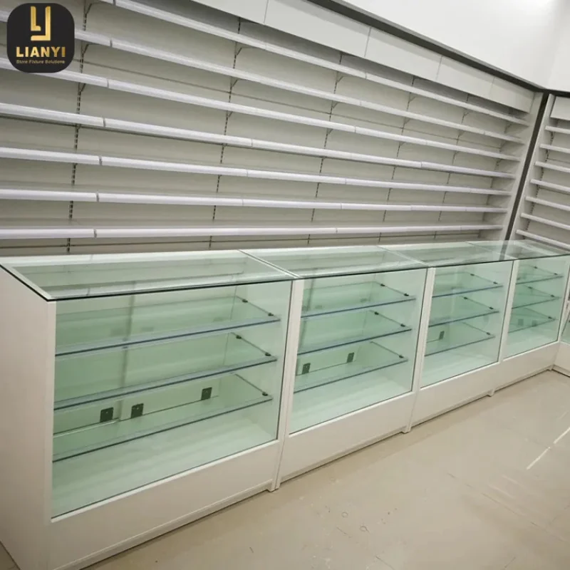 custom.Factory economical wooden counter glass display cabinet，BeltledLamp，Suitable retail stores