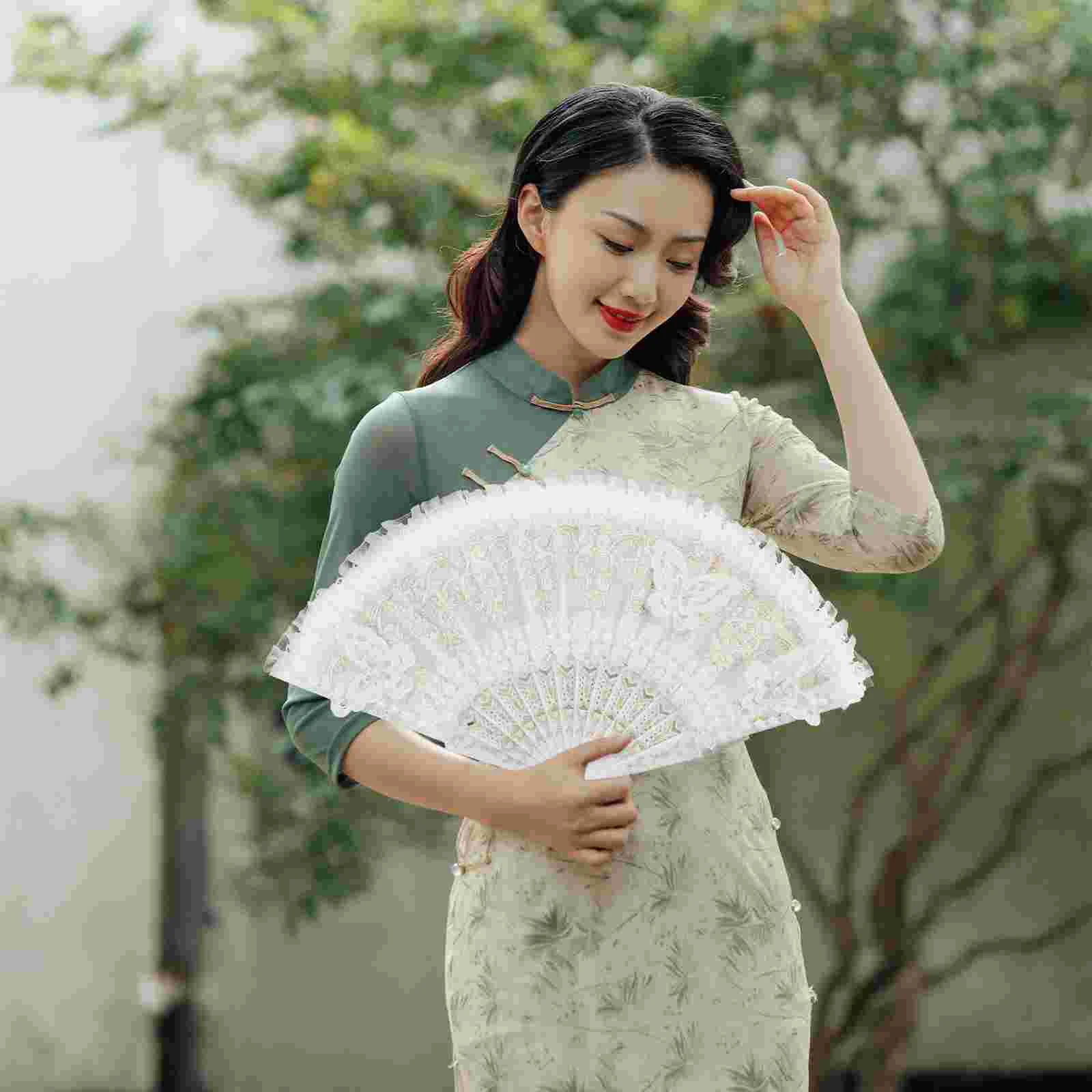 Foldable Fan Lace Folding Chinese Cloth Fans Hand for Women Ancient Asian Beige Women's