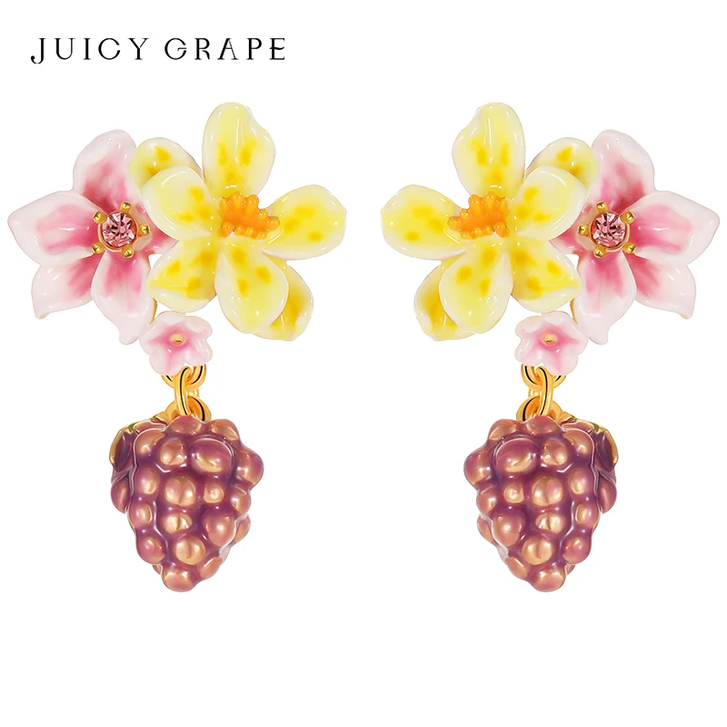 

JUICY GRAPE Enamel Flower Grape Earring for Women 925 Silver Pin Hand Enameled 18K Gold-Plated Birthday Gift Party Jewelry Gift