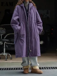 [EAM] Paars Big Size Lange Katoenen gewatteerde Jas Lange Mouw Losse Fit Dames Parka Mode Tij Nieuwe Herfst Winter 2024 1DH2804