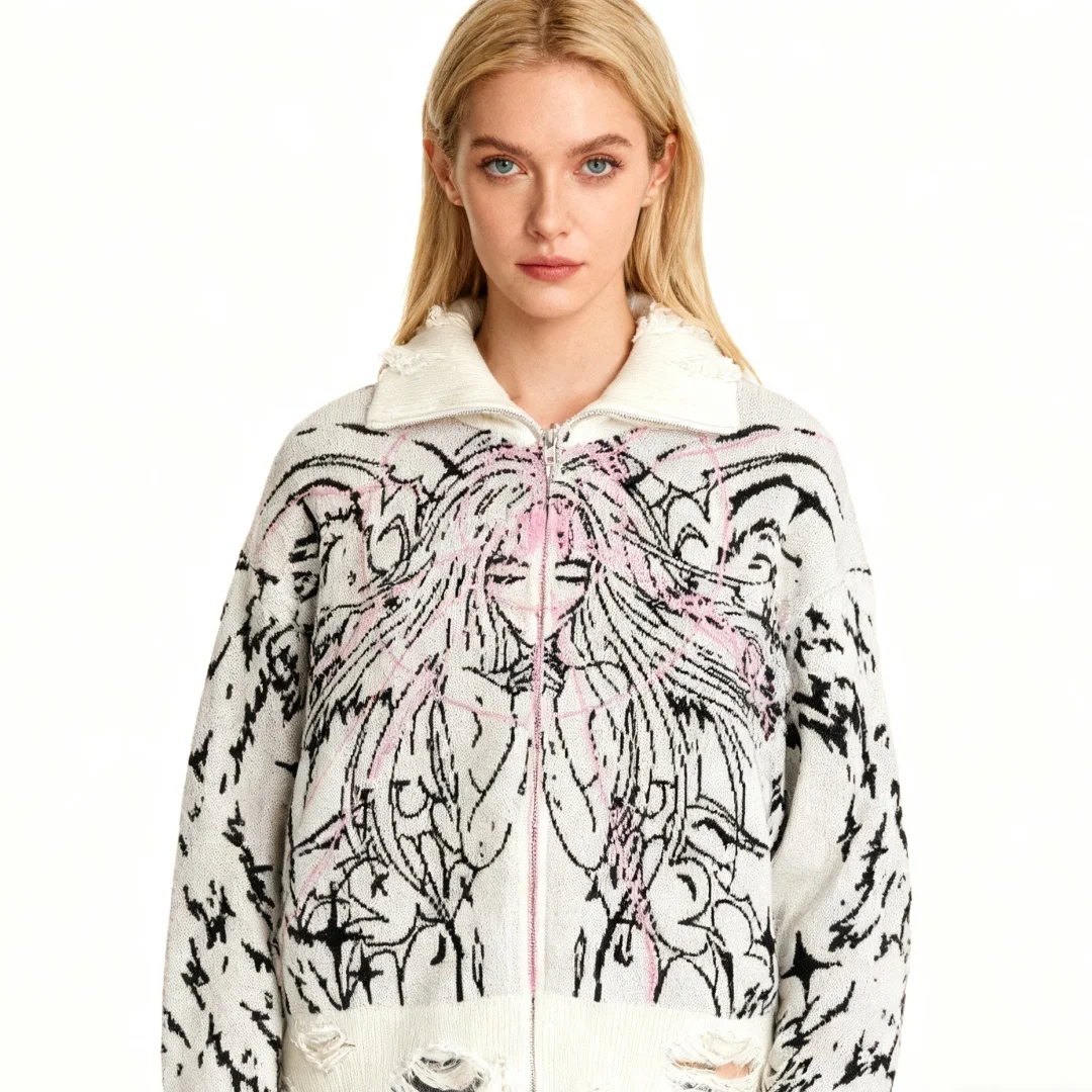 Y2K Angel Cartoon Print Zipper Destruction Style Sweater American Autumn Winter High Street Casual Knitting