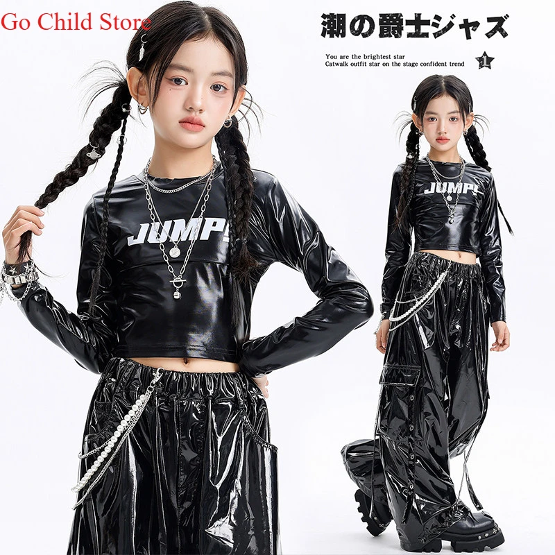 Hip-Hop Mädchen Fake Zweiteiler Glänzendes Crop-Top Streetdance Cargo-Hose Kinder K-Pop Jazz Streetwear Mädchen Gruppen-Kleidungssets