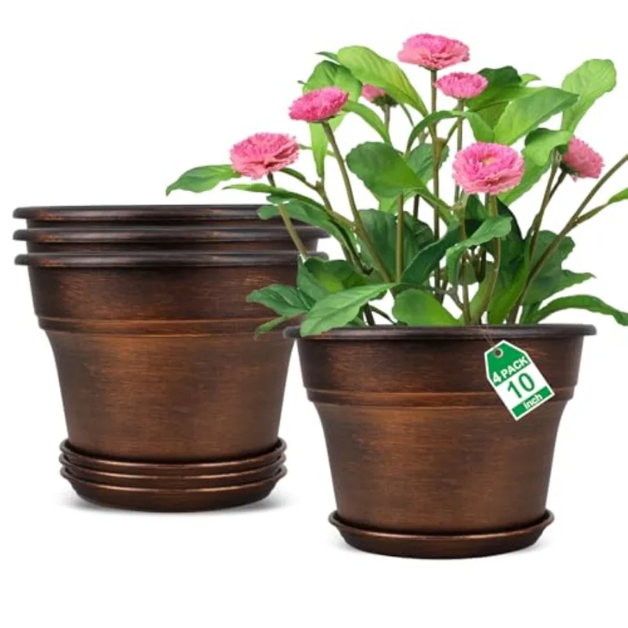 

10 Inch Planters Plant Pots Indoor Outdoor, 4 Pack Plastic Flower Pot for Indoor Plants with Drainage Holes and Trays, Resin De