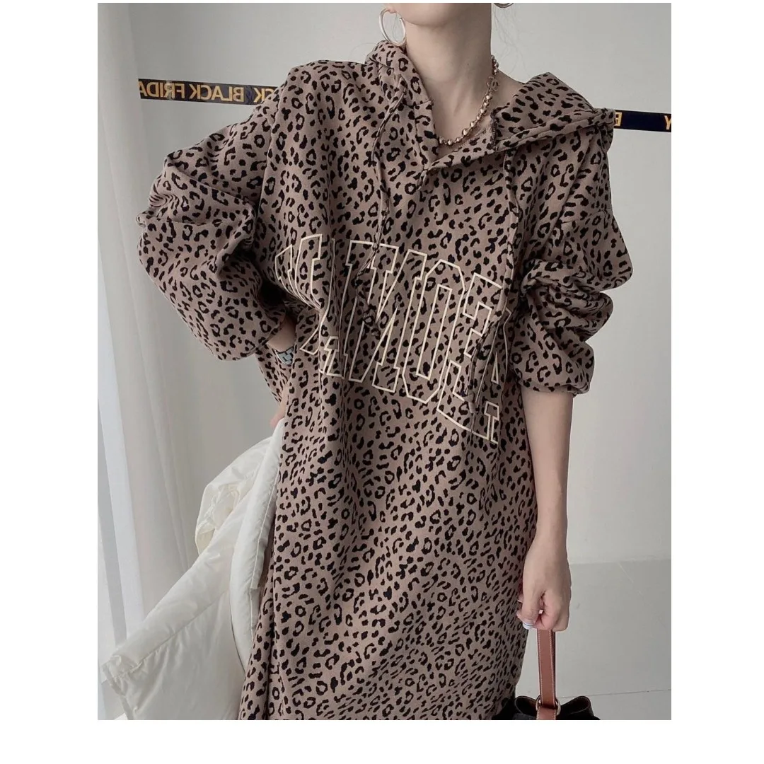 Korean Sle Autumn New Leopard Print Letters Print Sweater Dress Loose Casual Dress