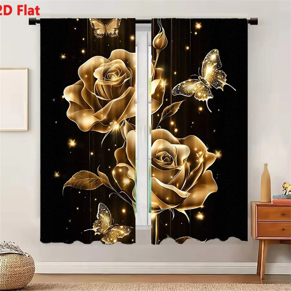 2Pcs Curtains Golden Roses With Butterflies And Sparkles On Black Background Window Drapes for Bedroom Room Decor Decoration Win
