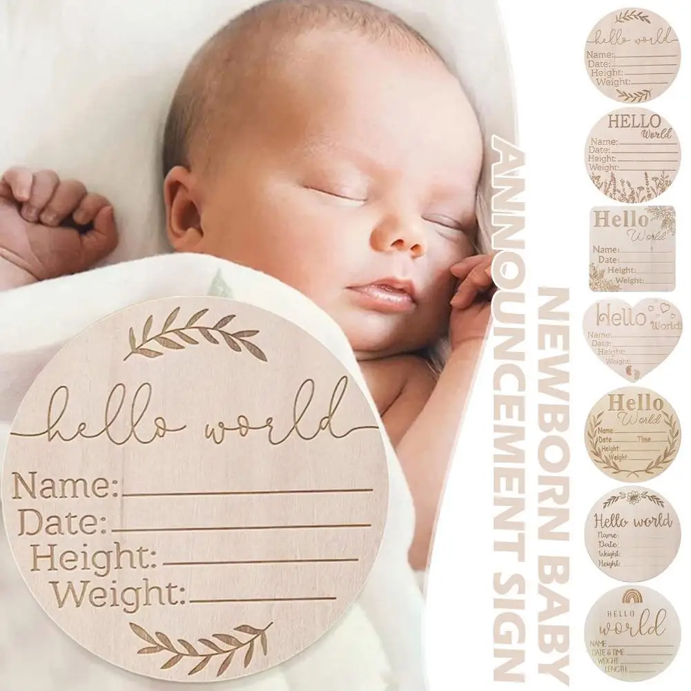 1pc Wooden Hello World Birth Announcement DIY Sign Wood Baby Milestone Card Recording Cards Baby Photography Props Birth Cards