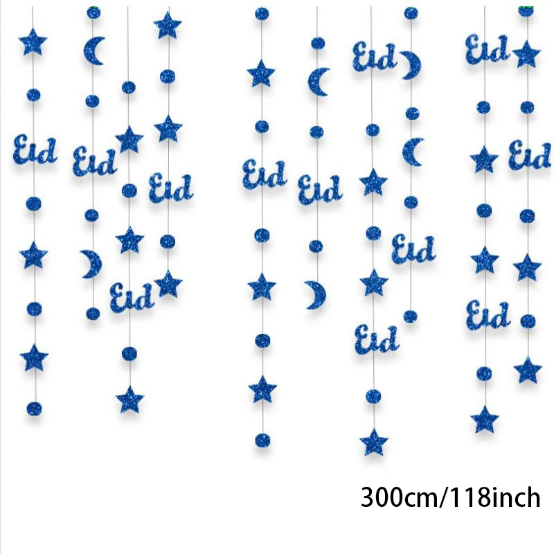 3M Gold Blue Ramadan Mubarak Moon Stars Theme Pendant Ornament Happy Eid al-Fitr Birthday Wedding Prop Party Decoration Supplies