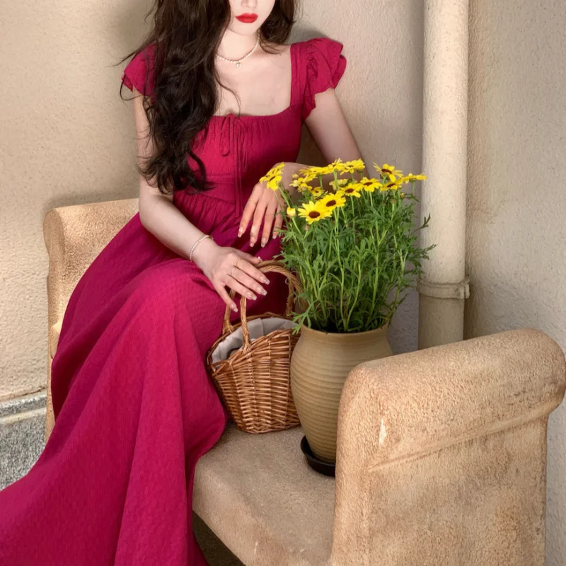 Korean style 's suit temperament vacation white summer square collar flying sleeves pitaya solid color dress women